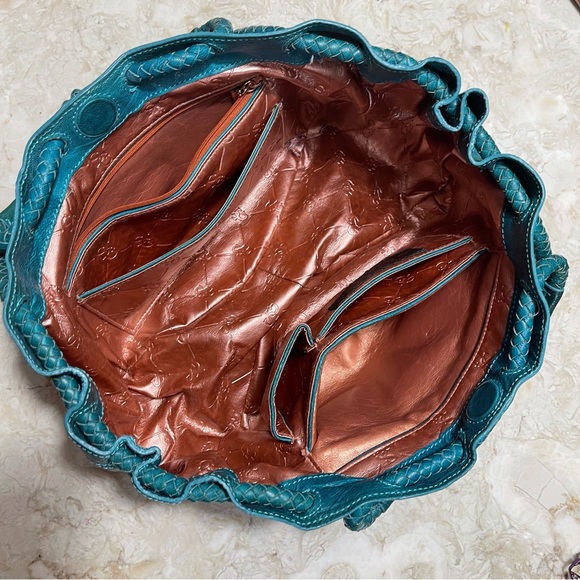 La Gioe di Toscana Turquoise Green Leather Shoulder Bag Carved Shell Accents - Picture 5 of 6